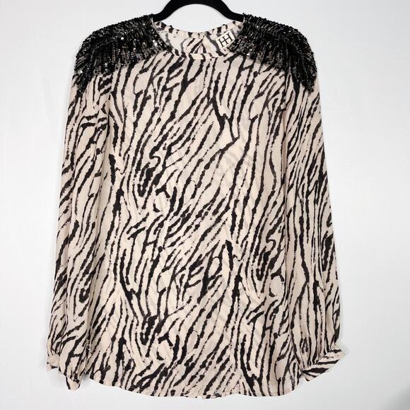Haute Hippie Small S Silk Zebra Printed Long Sleeve Blouse Sequin Buff Black - Picture 1 of 15